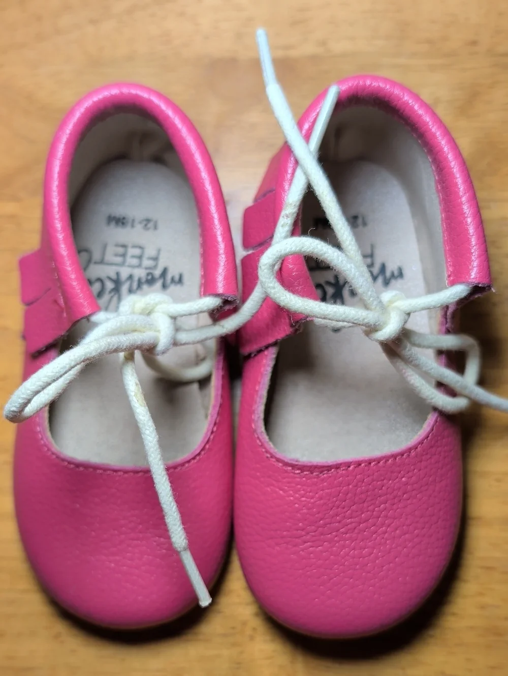 Monkey Feet Pink Leather Moccasins with Fringe White Laces Girls Size 12-18M